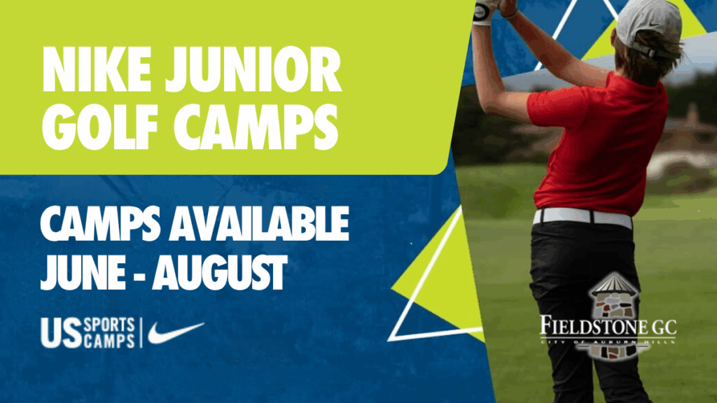 Nike Junior Golf Camp head with months of the camp listed