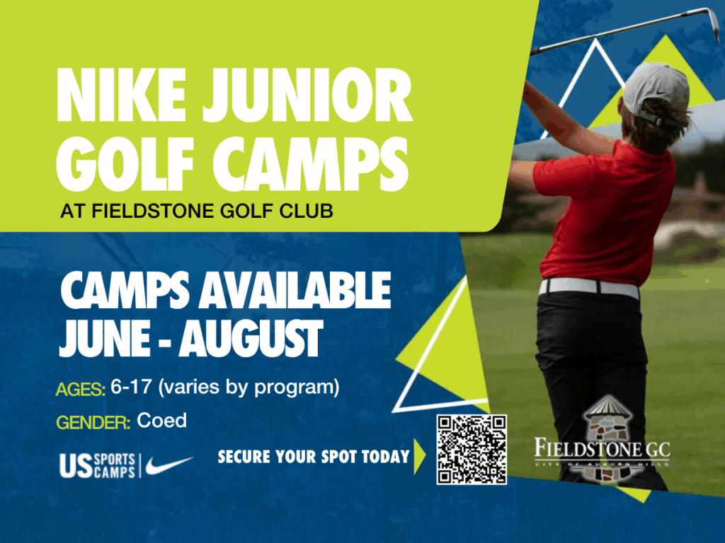 Nike Junior Golf Camp head with months of the camp listed